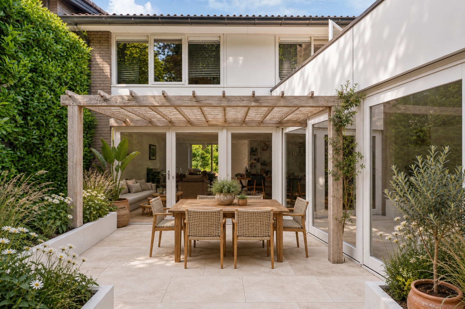 Gegenereerd tuinontwerp met een houten pergola, een eettafel buiten en groene borders naast het bestaande huis.